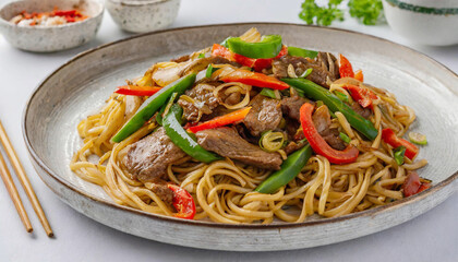 Asian stir-fried noodles with beef peppers and onions.