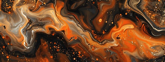 Orange Wave, Abstract texture with metallic gold swirls, resembling flowing liquid fire over a rocky backdrop - obrazy, fototapety, plakaty