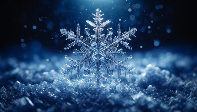 A photorealistic image displaying a snowflake in sharp focus at the center, with a deep blue and icy background