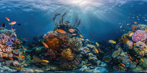 Fototapeta na wymiar Underwater coral reefs with colorful fish swimming around, scenic view, created with AI