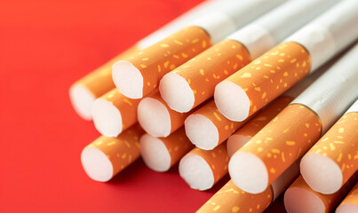 pile of cigarettes close up on plain red yellow studio background with text copy space