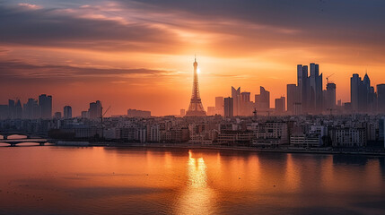 Fototapeta na wymiar Sunset illuminates famous city skyline a romantic view, AI Generative
