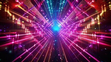 A bold and colorful disco party background featuring an array of lasers in a kaleidoscope of colors, set against a dark canvas.