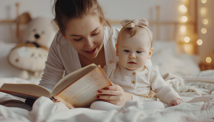 Young mother reading book to her cute little baby on bed - obrazy, fototapety, plakaty
