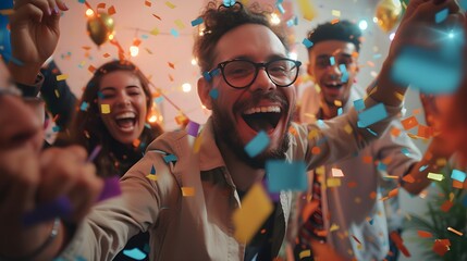 A businessman enjoy happy party celebrate at office with success a job and deal in business achieve