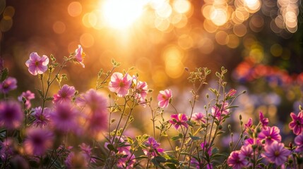 Beautiful pink flowers in the garden with sunlight and bokeh