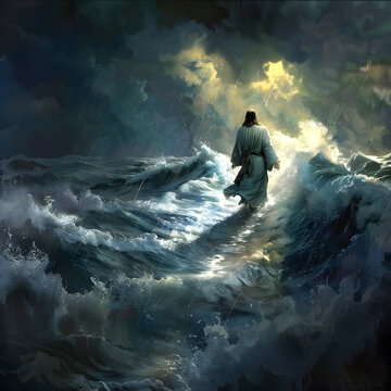 Jesus miraculously walks on water and calms the sea as in bible