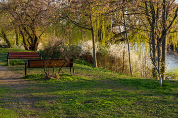 bench in park, Baneasa Lake, Bucharest City, Romania