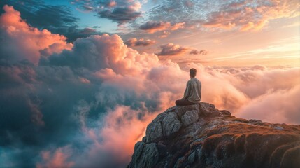 Man meditating on top of a mountain with a beautiful sunset in the background - obrazy, fototapety, plakaty