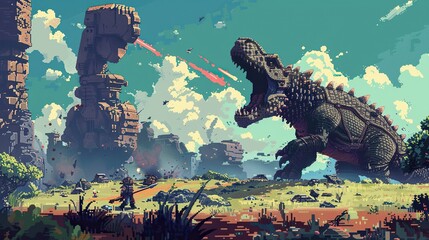 A dinosaur exploring various environments, depicted in a map-style illustration with a grungy, nature-inspired landscape, featuring a cartoonish style