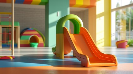 a lively AI image portraying a modern indoor children's playground with a colorful slide, situated in a kindergarten area, and offering copy space for text or design attractive look - obrazy, fototapety, plakaty