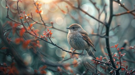 Little bird sitting on a branch of a tree in the autumn forest