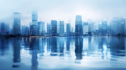 Fototapeta na wymiar A blurred photograph of an urban skyline, with the focus on reflections in water and glass buildings.