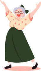 Illustration of a grandma dancing with joy with raised up hands. Flat vector illustration with place for text.