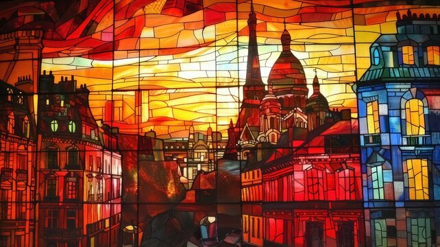 Paris depicted in stained glass style
