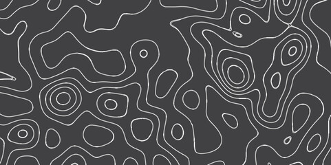 Obraz premium Modern Topographic map terrain texture and landscape grid abstract vector background. Contour lines. Dark seamless design, elegant tileable isolines pattern. Blank Detailed topographic patter line map