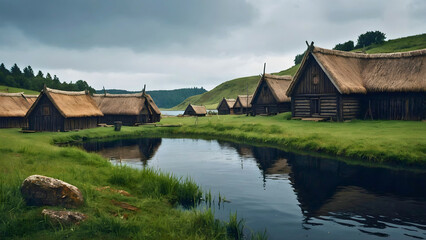 A Viking village located on a plain, through which a river flows. - obrazy, fototapety, plakaty