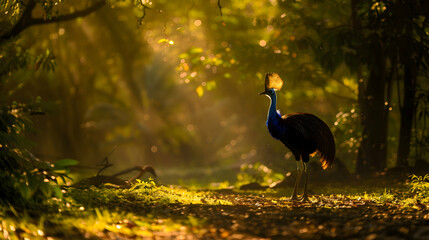 A captivating scene of a cassowary foraging in a sun-dappled clearing, the play of light and shadow enhancing its allure, while leaving room for text or design elements