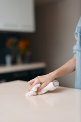 Sparkling Surfaces: A Diligent Housewife Wipes, Scrubs, and Polishes the Kitchen Table with Determination and Skill amidst a Pristine Home Environment
