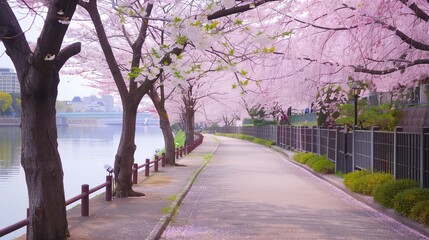 a sidewalk lined with trees and flowers