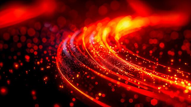 Vibrant orange fiber optic cables with shallow depth of field, creating a futuristic and abstract image, with boken effect lighting in background and copy space.