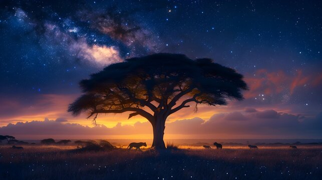 A landscape at night in savannah field, with beautiful sky and animal wildlife.