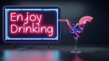 A neon sign enjoy drinking in the bar or night club.