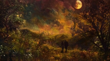 Amid a poetic countryside landscape, a solar eclipse casts a glowing light over trees, flowers, rolling hills, and two figures
