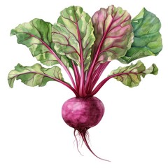 A watercolor depiction of a beetroot with its lush leaves