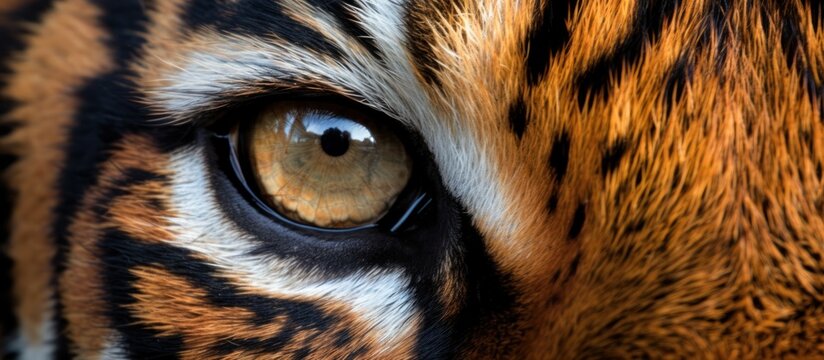 Wildlife tiger striped photography. Open eye black orange fur.