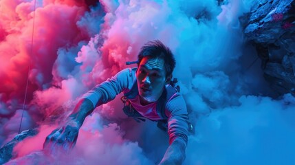 A person climbs among vibrant clouds of blue and red smoke