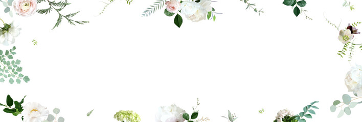 Light pink rose, blush ranunculus, white peony, hellebores, emerald greenery vector design banner frame. Wedding seasonal flower card. Floral watercolor horizontal composition. Isolated and editable