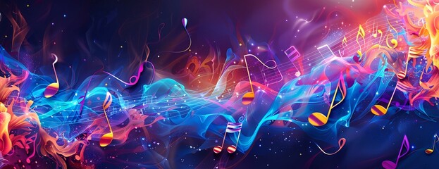 A group of musical notes floating in the air on a colorful background