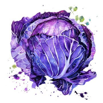 An artistic watercolor painting of a purple cabbage, isolated on a white background