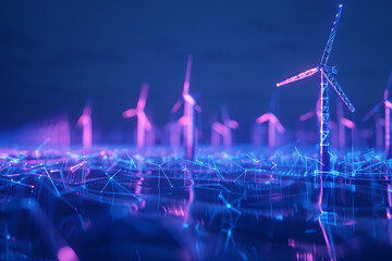 A captivating wireframe visualization set against a luminous translucent backdrop, showcasing a futuristic wind turbine concept - obrazy, fototapety, plakaty