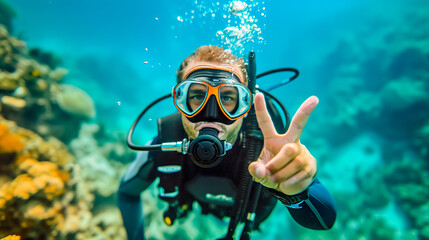 Obraz na płótnie Canvas Close-up portrait of a happy scuba diver giving an OK hand signal underwater.