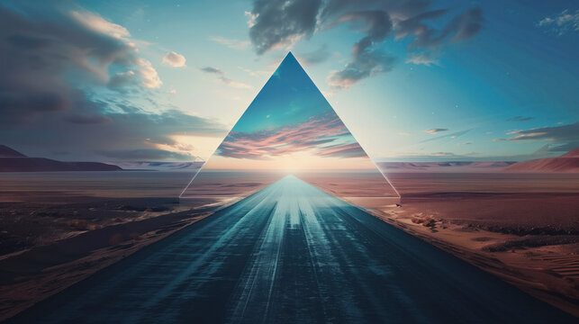 Sunset highway towards a glowing triangle, an abstract journey concept. A desert road leads to a mysterious triangular portal under a dramatic sky