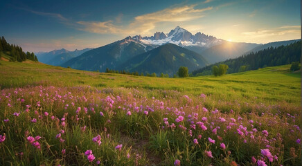 landscape with flowers and mountains
