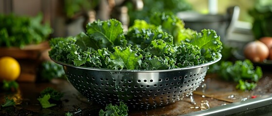 Rinsing curly kale in metal colander under kitchen tap for healthy meal. Concept Healthy Eating,...