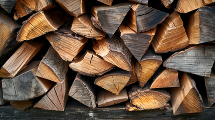 A pile of neatly stacked firewood with exposed cut ends showcasing the wood's natural texture and patterns.
