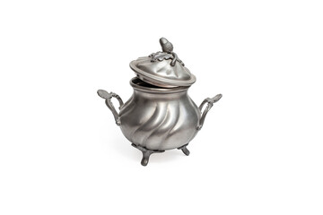 Gray led metal  container with a lid and handles isolated on white background