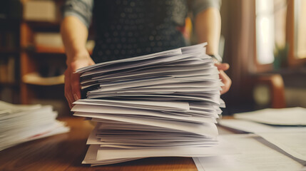 A person is burdened with an overwhelming stack of papers, depicting the demanding nature of bureaucratic or administrative tasks. - obrazy, fototapety, plakaty
