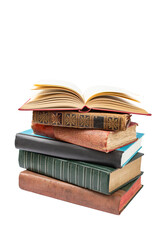 Vintage hard cover books stacked with an opened book on top, isolated on white background, abstract backdrop