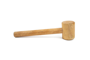 Wooden hammer isolated on white background, soft focus close up