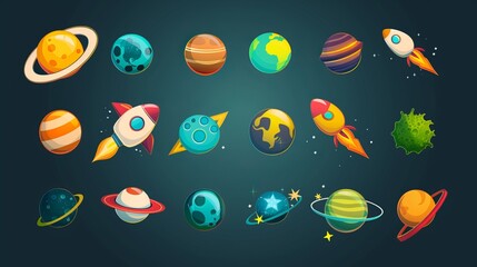 Space Exploring Cartoon Icons: Planets, Rocket, UFO, Asteroid