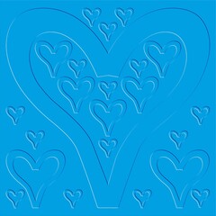 Blue background with hearts - occasional and decorative graphic with 3D effect of relief. Topics: pattern, wallpaper, card, symbol, love, for occasions