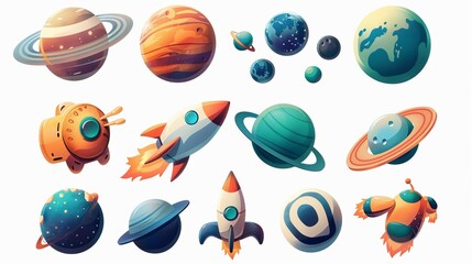 Space Exploring Cartoon Icons: Planets, Rocket, UFO, Asteroid - obrazy, fototapety, plakaty