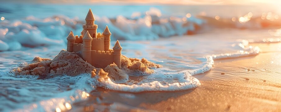 Majestic Sandcastle Kingdom Rising from the Coastal Sands with Glowing Sunset Backdrop