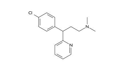 chlorphenamine molecule, structural chemical formula, ball-and-stick model, isolated image antihistamine