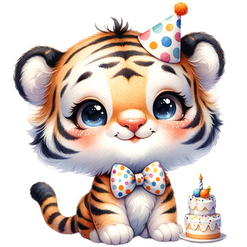 Cute tiger with birthday cake clip art 